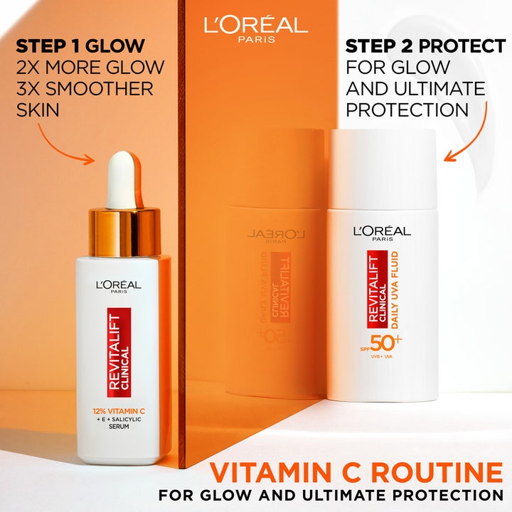 L'Oréal Paris Revitalift Clinical Daily UVA Fluid 50 ml solcreme med SPF 50 og Vitamin C serum i en rutine for glød