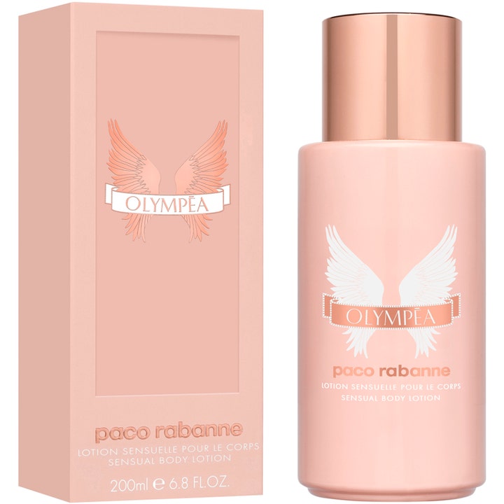 Rabanne Olympea 200 ml bodylotion på lyserød flaske og æske med hvide vinger og skinnende rosaguld låg