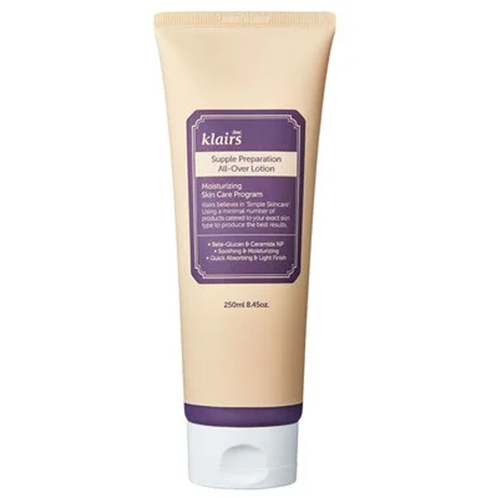 Klairs Supple Preparation All-Over Lotion 250ml fugtgivende creme i beige tube med lilla etiket