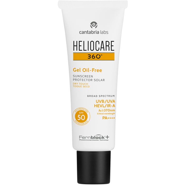 Heliocare 360 Gel Oil-Free SPF 50 matterende solcreme i hvid tube med sort låg og orange detaljer