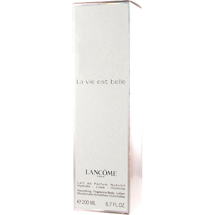 Lancôme La Vie Est Belle 200 ml fugtgivende body lotion i en hvid glitrende papæske der giver huden glød