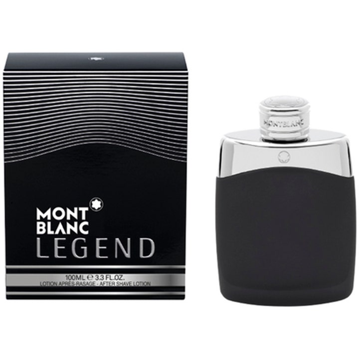 Montblanc Legend 100 ml aftershave lotion til mænd i sort mat flakon med sølvtop ved siden af en stribet æske.