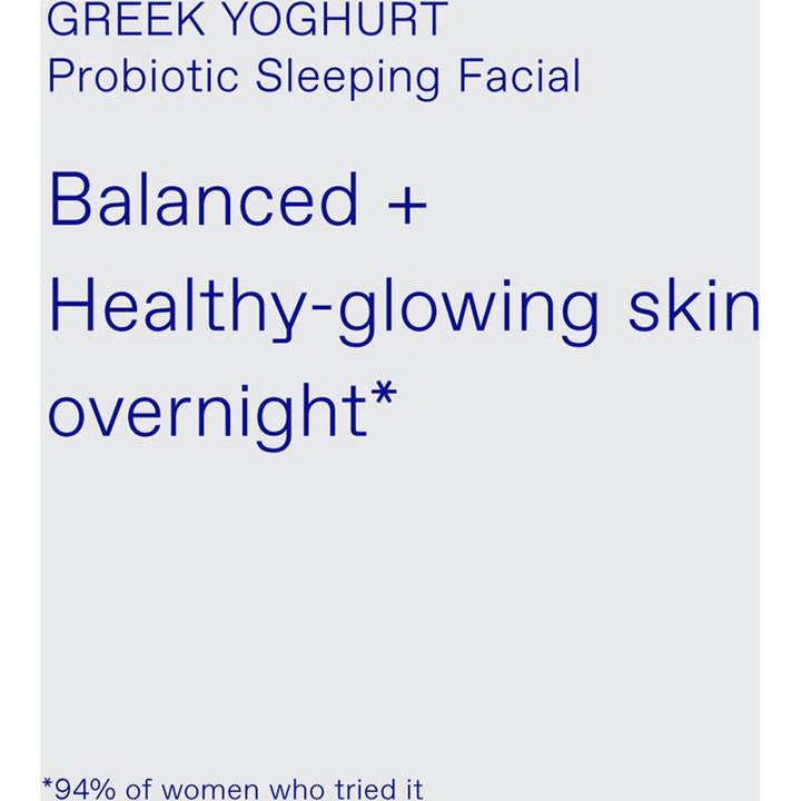 KORRES Greek Yoghurt Probiotic Sleeping Facial 40 ml giver sund strålende hud vist med blå tekst