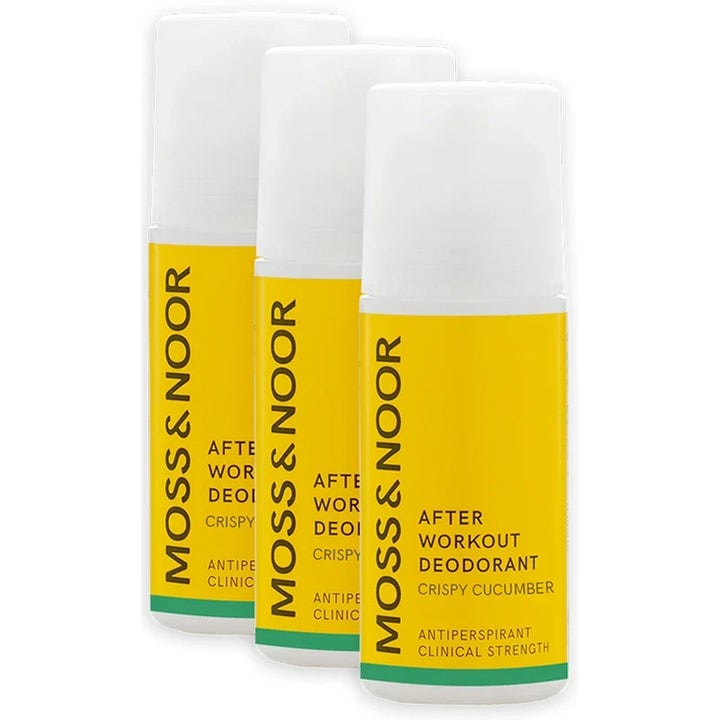 Moss & Noor After Workout Deodorant Crispy Cucumber 3-pak klinisk antiperspirant i hvide flasker med gul label
