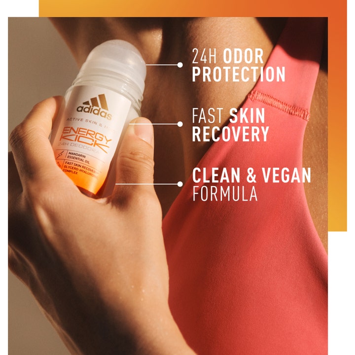 Adidas Skin & Mind Energy Kick Roll-On 50 ml deodorant med mandarinolie giver 24 timers beskyttelse og vegansk formel