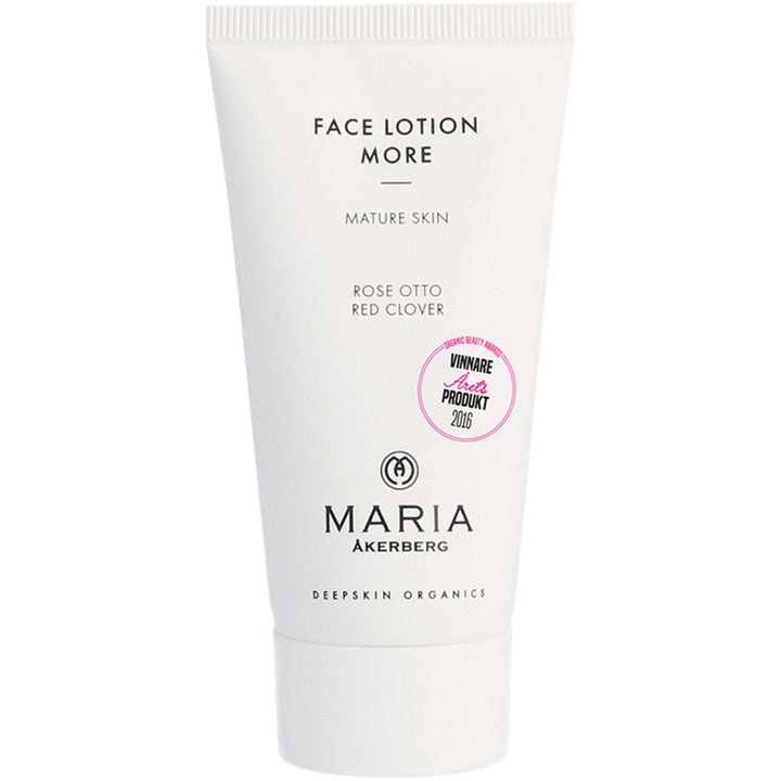 Maria Åkerberg Face Lotion More 100 ml opstrammende ansigtscreme til moden hud i hvid tube med pink prislogo.