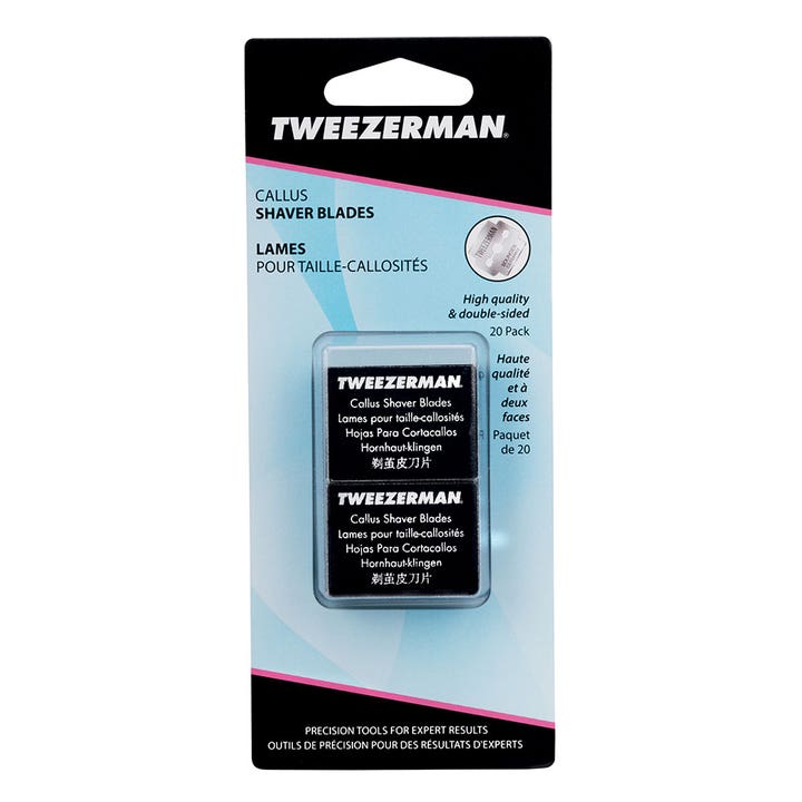 Tweezerman Callus Shaver Blades 20 stk til fodpleje mod hård hud i gennemsigtig æske på sort og blå indpakning