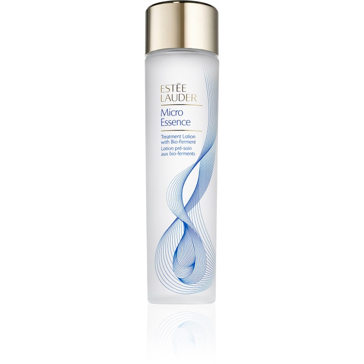 Estée Lauder Micro Essence Treatment Lotion with Bio-Ferment styrkende ansigtspleje i frostet flaske med blåt mønster