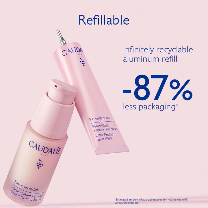Caudalie Resveratrol-Lift 30 ml opstrammende serum og genanvendelig aluminiumsrefill i lyserødt design