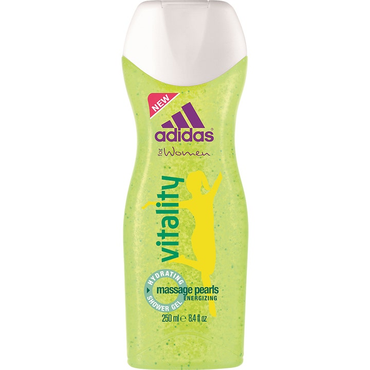 Adidas Vitality for Women 250 ml energigivende showergel i en lysegrøn gennemsigtig flaske med små massageperler
