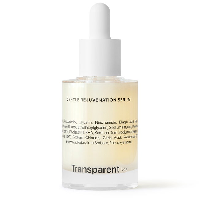 Transparent Lab Gentle Rejuvenation Serum 30ml fornyende serum med retinol i klar glasflaske med hvid pipette og gul væske