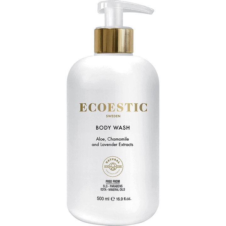 Ecoestic Body Wash 500 ml beroligende kropsvask med aloe vera i hvid flaske med elegant guldpumpe.