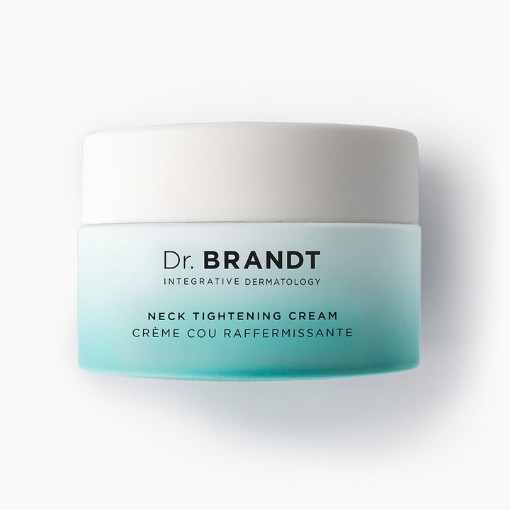 Dr Brandt Neck Tightening Cream 50 g opstrammende halscreme i hvid og turkis krukke med hvidt låg