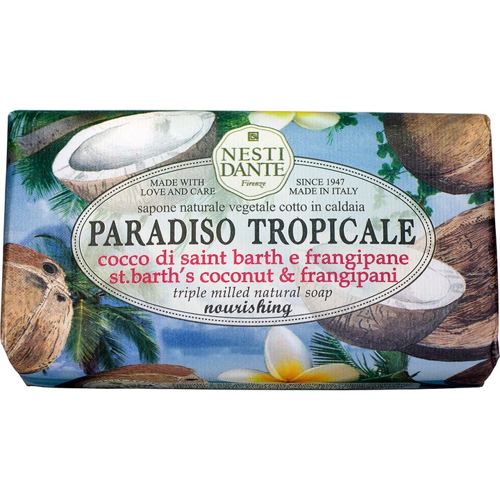 Nesti Dante Paradiso Tropicale Coconut & Frangipani nærende fast sæbe indpakket i papir med tropiske kokosnødder.