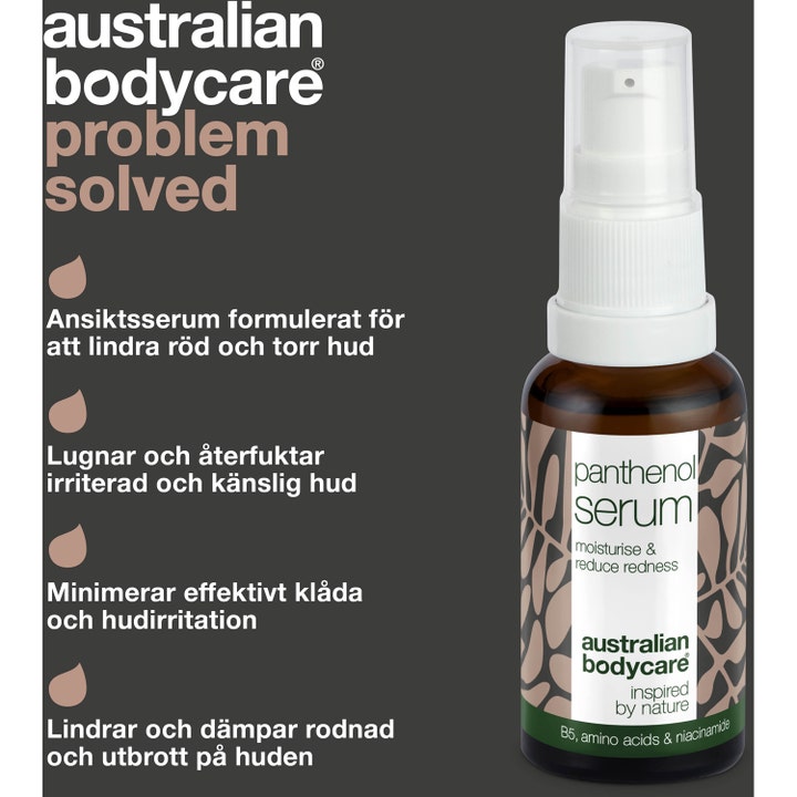 Australian Bodycare Panthenol Serum 30 ml lindrende serum i brun glasflaske med hvid pumpe og niacinamid