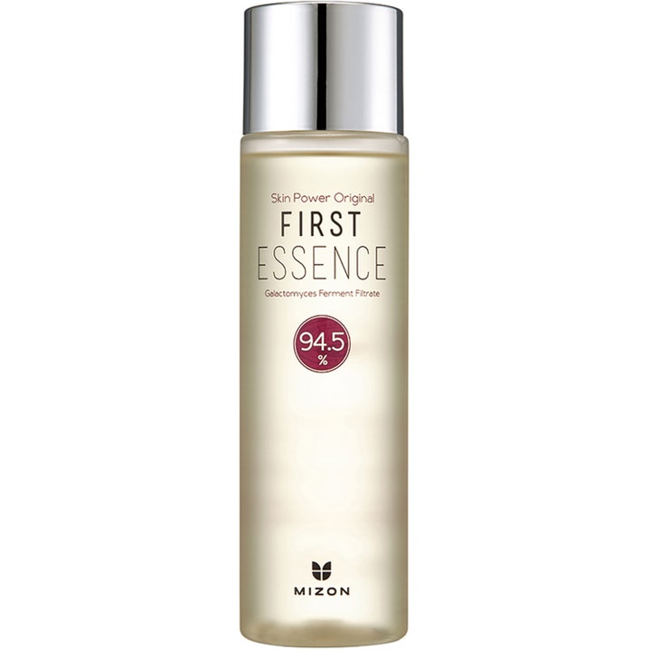 Mizon Skin Power Original First Essence 210ml glødgivende ansigtssessens i klar flaske med sølvfarvet låg