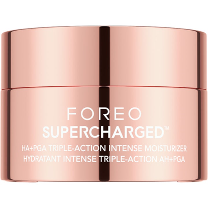 FOREO Supercharged HA+PGA Intense Moisturizer intens fugtgivende ansigtscreme i en elegant rosa guld krukke