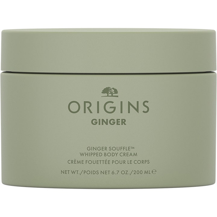 Origins Ginger Souffle Whipped Body Cream 200 ml blødgørende kropscreme i en stilren mat salviegrøn krukke