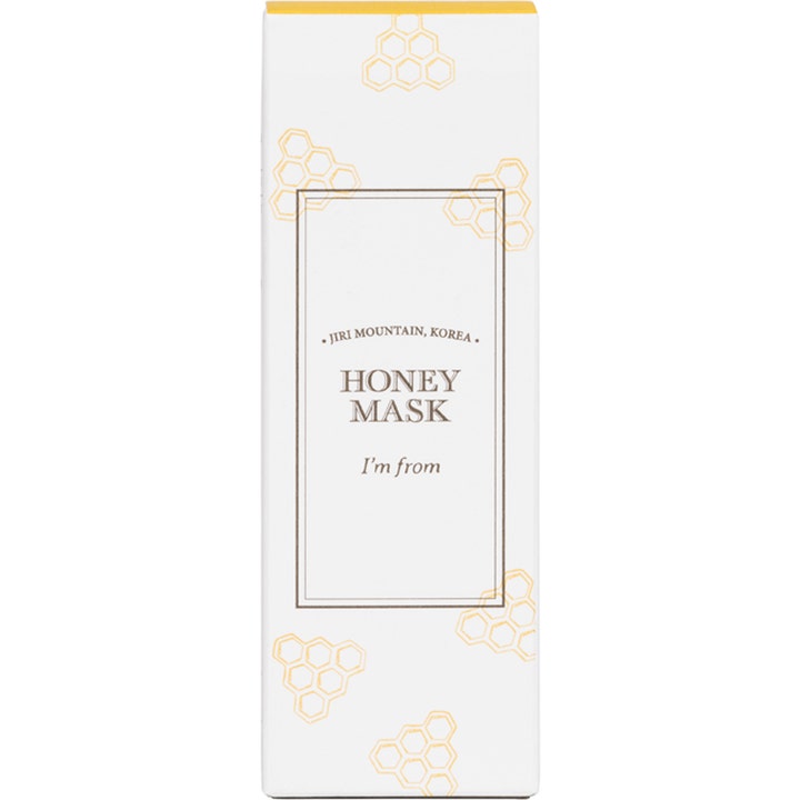 I'm From Honey Mask nærende ansigtsmaske i hvid yderemballage med gule bikubemønstre og sort tekst.