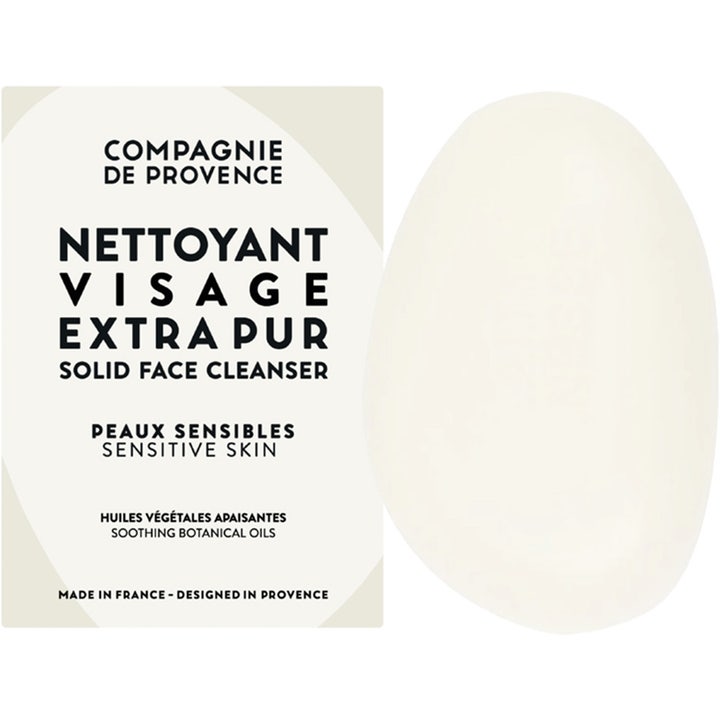 Compagnie de Provence Solid Face Cleanser 85 g beroligende ansigtsrens hvid fast sæbe og emballage