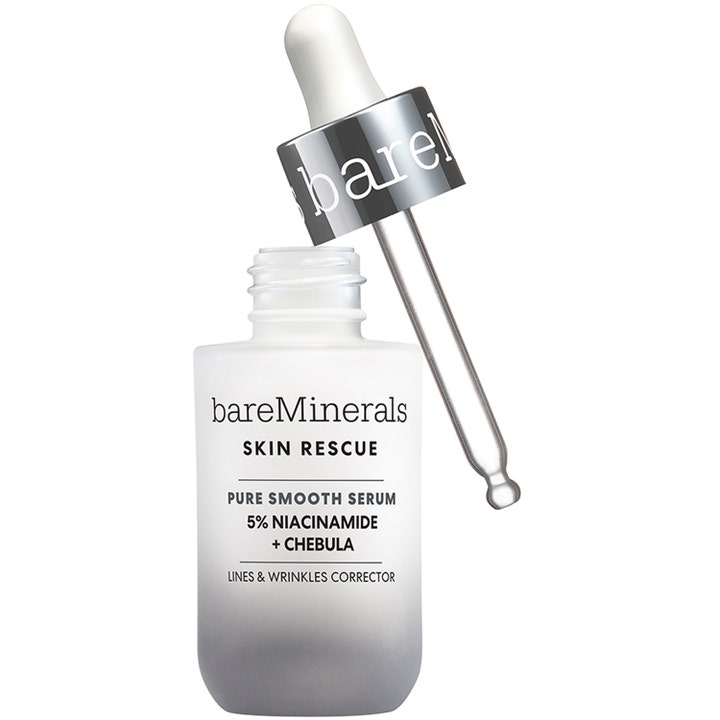 bareMinerals Skin Rescue Pure Smooth Serum 30 ml udglattende ansigtsserum i frostet glasflaske med sølvpipette