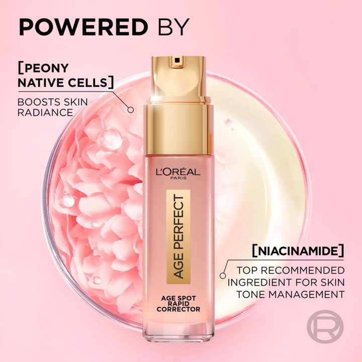 L'Oréal Paris Age Perfect 30 ml serum mod pigmentpletter med niacinamid og pæon mod lyserød baggrund