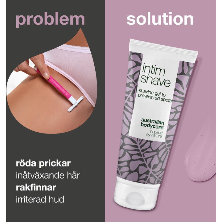 Australian Bodycare Intim Shave 100 ml intimgel mod røde knopper i lilla tube med bladmønster og tekstur.