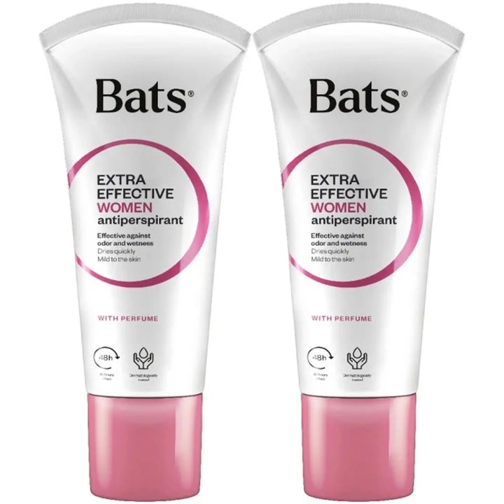 Bats Extra Effective Women antiperspirant duo modvirker sved i to hvide tuber med lyserøde låg og detaljer.