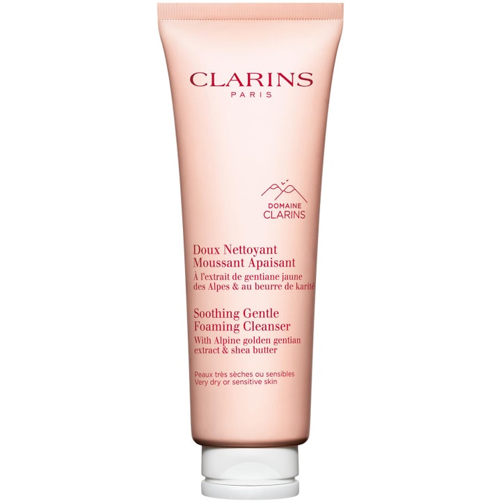 Clarins Soothing Gentle Foaming Cleanser beroligende ansigtsrens til tør hud i ferskenfarvet tube.