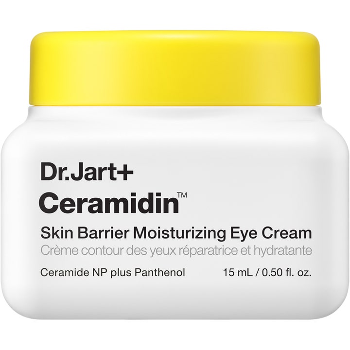 Dr. Jart+ Ceramidin Skin Barrier Moisturizing Eye Cream 15 ml styrkende øjencreme i hvid krukke med gult låg