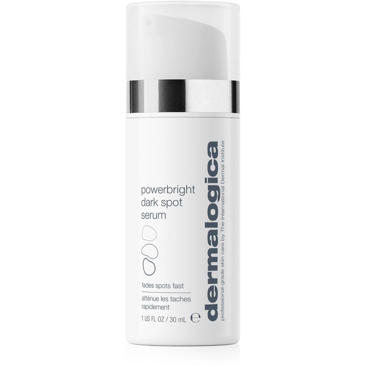 Dermalogica Powerbright Dark Spot Serum 30 ml mod pigmentpletter i hvid pumpeflaske med sølvbånd og klart låg