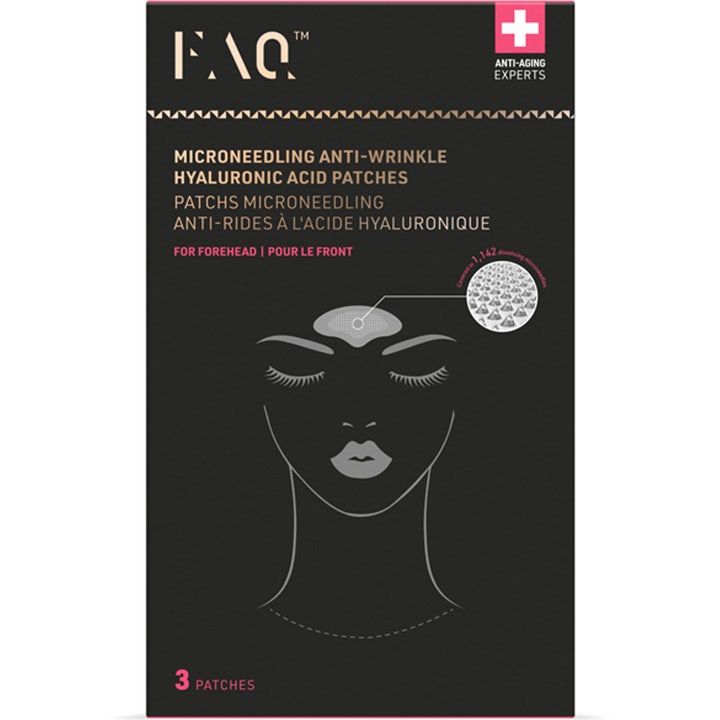 FAQ Swiss Microneedling Anti-Wrinkle Hyaluronic Acid Patches 3 stk mod rynker i panden i sort æske med illustration