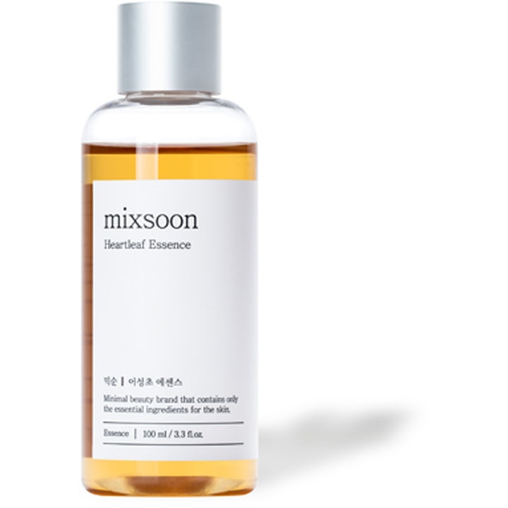 Mixsoon Heartleaf Essence 100ml beroligende ansigtsessence i gennemsigtig flaske med sølvlåg og ravfarvet væske