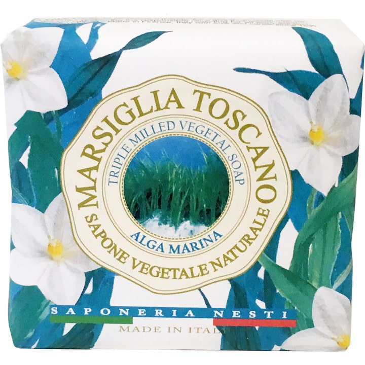Nesti Dante Marsiglia Toscano Alga Marina 200g fast sæbe giver friskhed i papir med hvide blomster og havplanter.