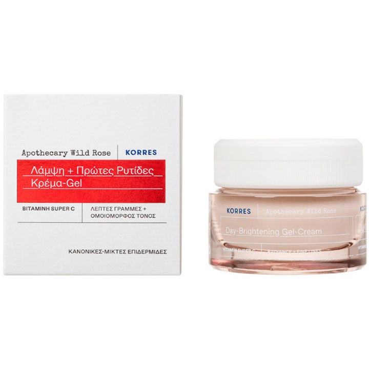 KORRES Apothecary Wild Rose Day-Brightening Gel-Cream 40 ml med Vitamin Super C i lyserød glaskrukke og hvid æske.