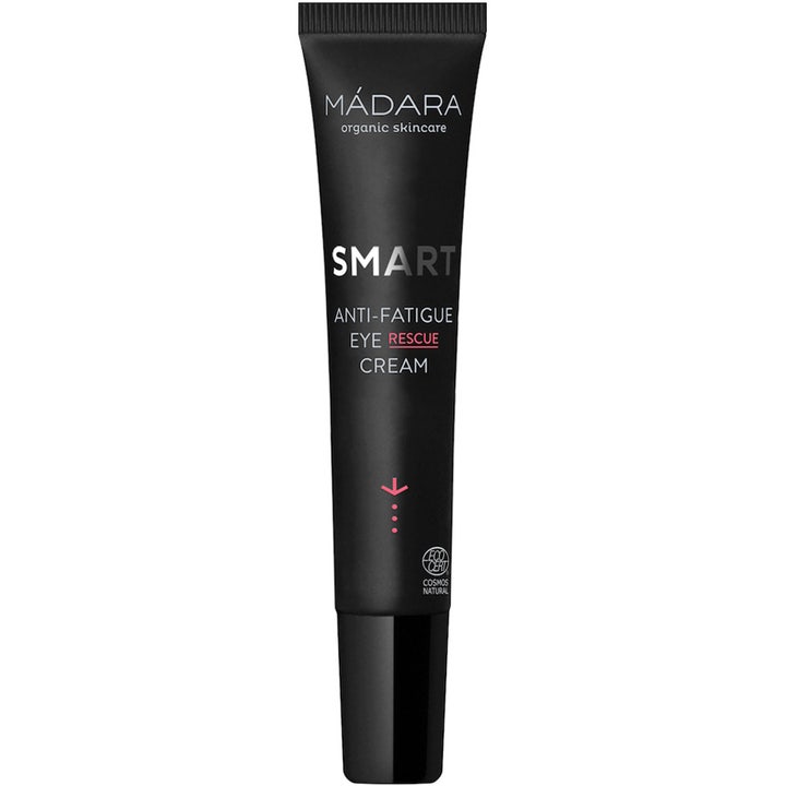Mádara SMART Anti-Fatigue Eye Rescue Cream 15ml øjencreme mod træthedstegn i en slank sort tube med pink tekst.