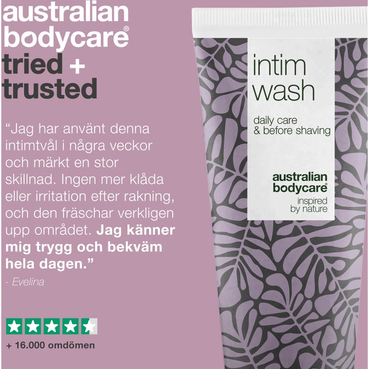 Australian Bodycare Intim Wash 200 ml intimpleje mod kløe med 5-stjernet anmeldelse på lilla baggrund.