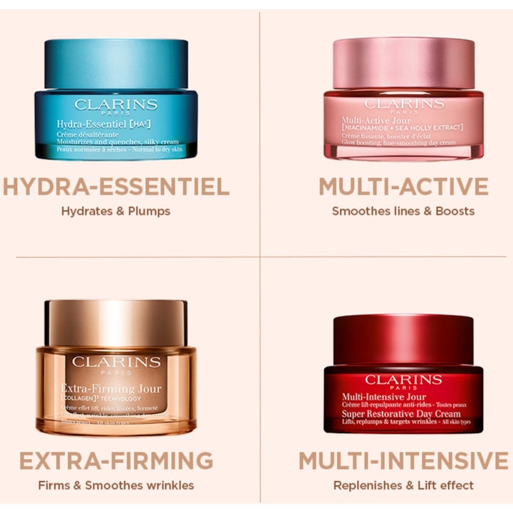 Clarins Extra-Firming Jour 50 ml opstrammende dagcreme vist i en collage med fire forskellige farvede glaskrukker.