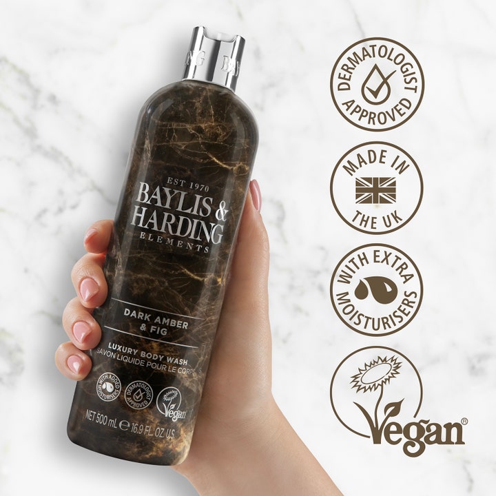 Baylis & Harding Elements Body Wash 500 ml fugtgivende kropssæbe i mørk marmoreret flaske med vegansk logo.
