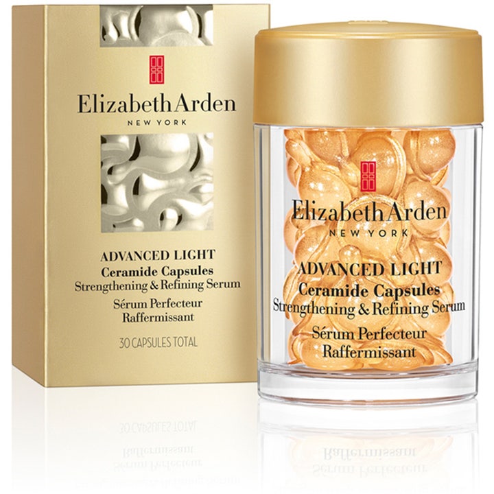 Elizabeth Arden Ceramide Capsules 30 stk ansigtsserum i guldæske og gennemsigtig krukke med kapsler