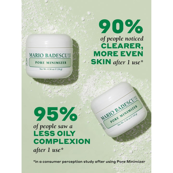 Mario Badescu Pore Minimizer 16 g ansigtsmaske giver klarere hud, vist som to hvide krukker med hvidt pulver.