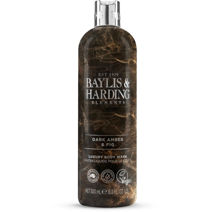 Baylis & Harding Elements Dark Amber & Fig 500 ml fugtgivende body wash i flaske med mørkt marmorprint og sølvfarvet låg