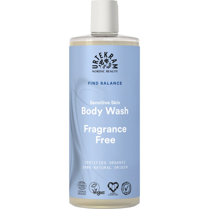 Urtekram Fragrance Free Body Wash 500 ml til sensitiv hud i gennemsigtig flaske med lyseblå etiket.