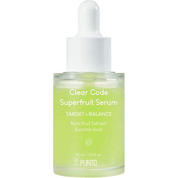 Purito Clear Code Superfruit Serum 30 ml balancerende ansigtsserum med limegrøn væske i glasflaske med hvid pipette