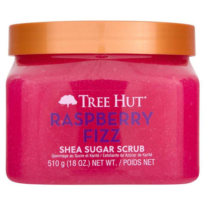 Tree Hut Raspberry Fizz 510 g eksfolierende body scrub i pink krukke med orange låg der giver blød hud