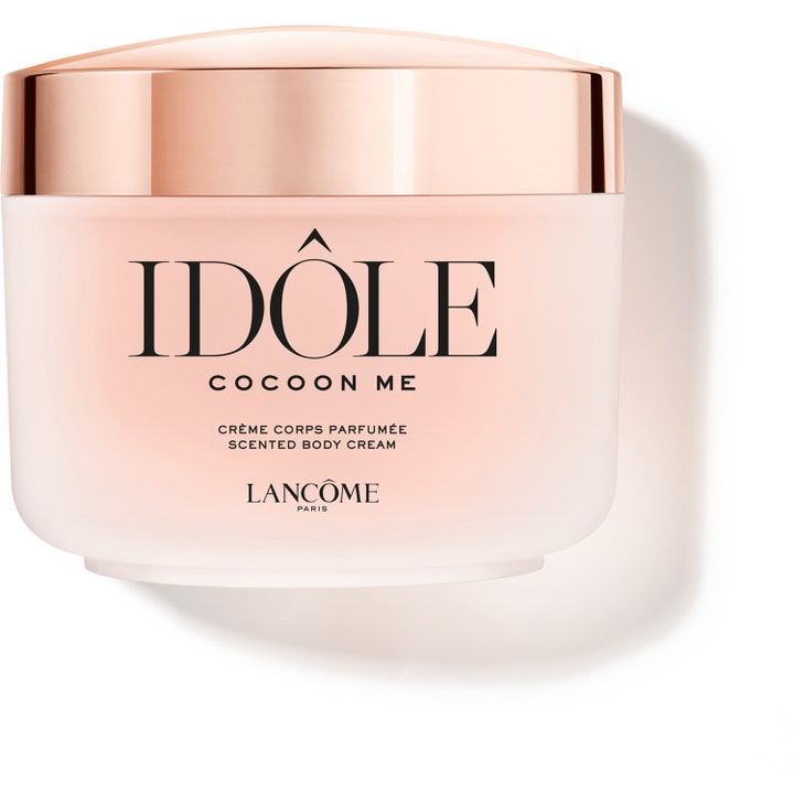 Lancôme Idôle Cocoon Me parfumeret bodycreme der giver fugt i en mat lyserød krukke med rosaguld låg.