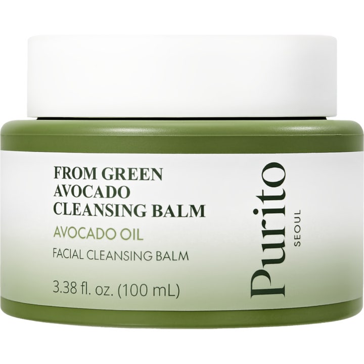 Purito From Green Avocado Cleansing Balm 100 ml nærende ansigtsrens i olivengrøn krukke med hvidt låg