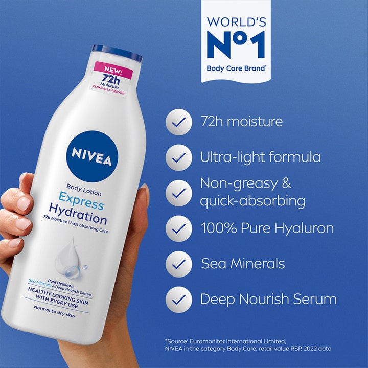 NIVEA Express Moisturising Body Lotion 250 ml fugtgivende bodylotion i hvid flaske der giver 72 timers fugt med hyaluron.