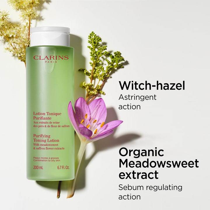 Clarins Purifying Toning Lotion 200 ml rensende ansigtsvand i grøn flaske med mjødurt og troldnød.