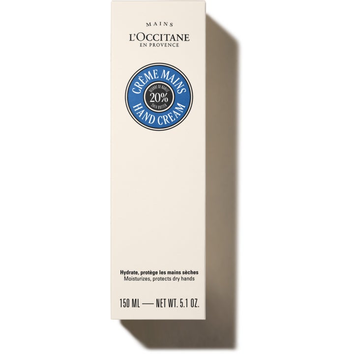 L'Occitane Shea Butter Hand Cream 150 ml fugtgivende håndcreme i beige papæske med det blå 20% sheasmør-logo